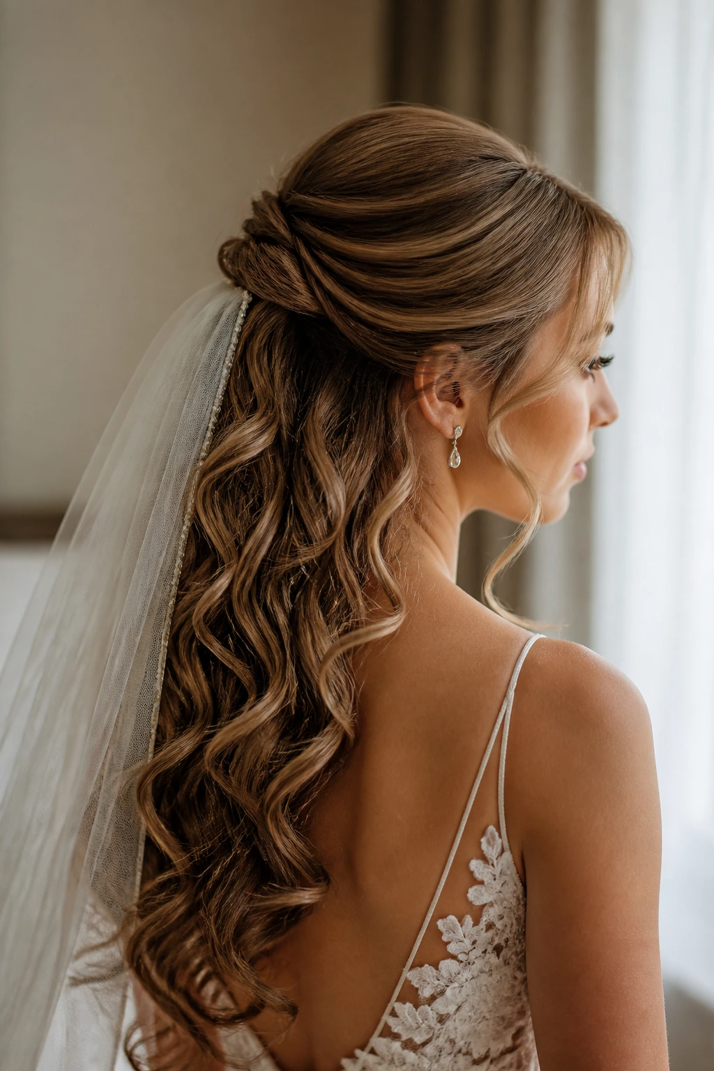 Close-up of half-up ponytail with cascading curls on a real bride