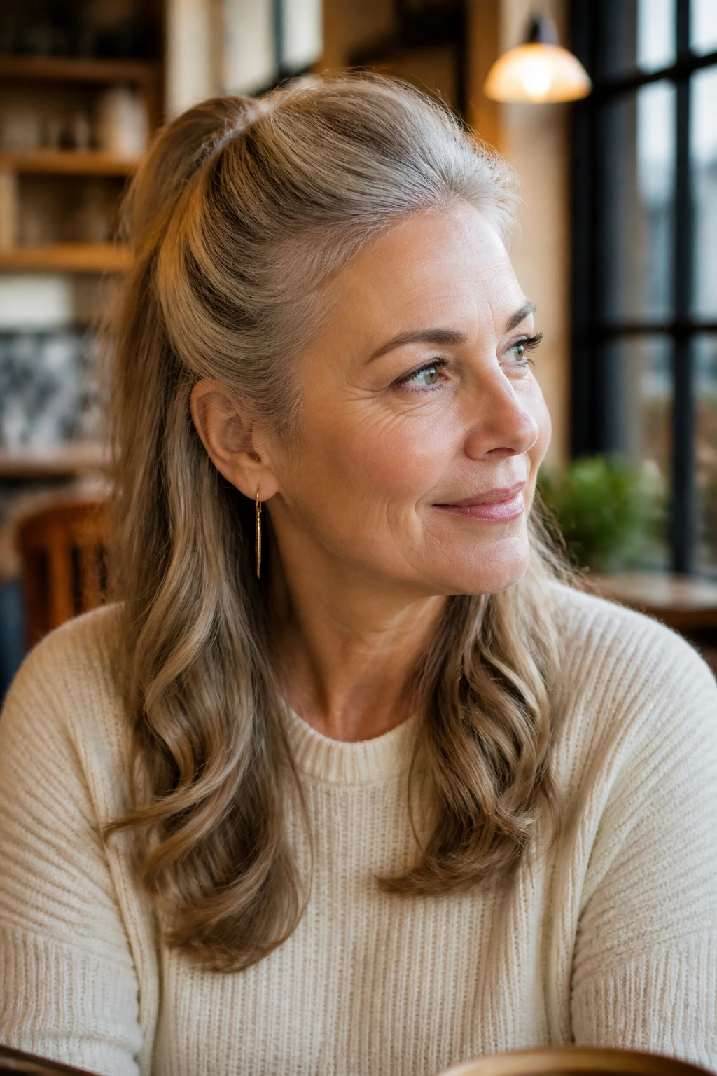 Close-up of real woman with half-up ponytail showing top knot and loose lower hair.