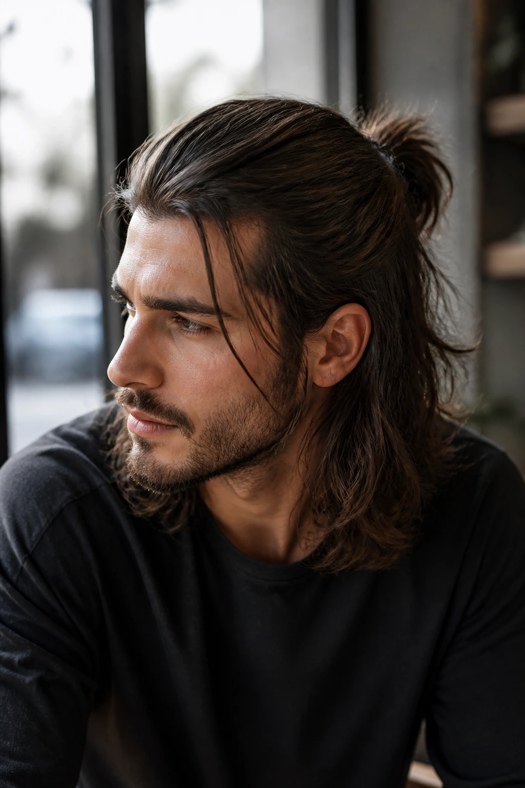 Close-up of a man with a half-up ponytail showing top tied back