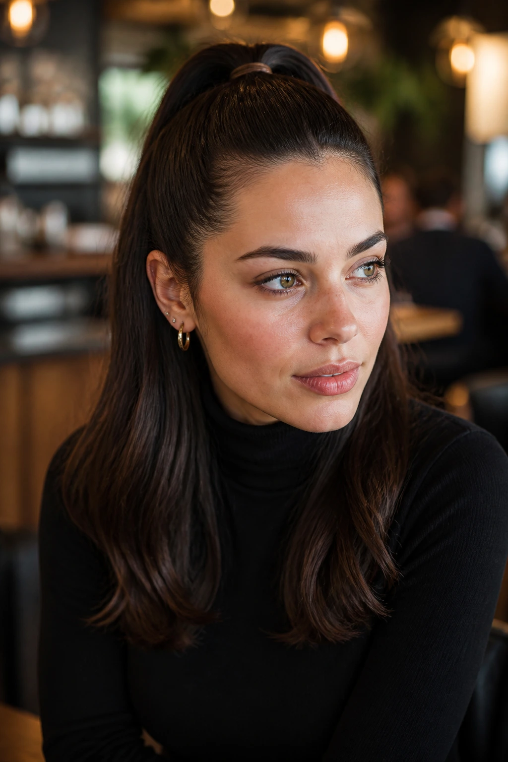 Close-up of a real woman with a sleek half-up ponytail at the crown