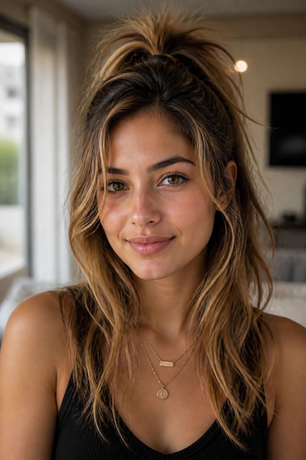 Close-up of real woman with half-up messy ponytail