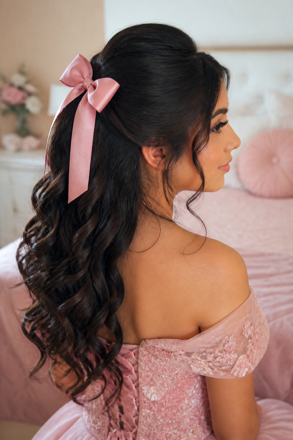 Real person with half-up curled ponytail and ribbon