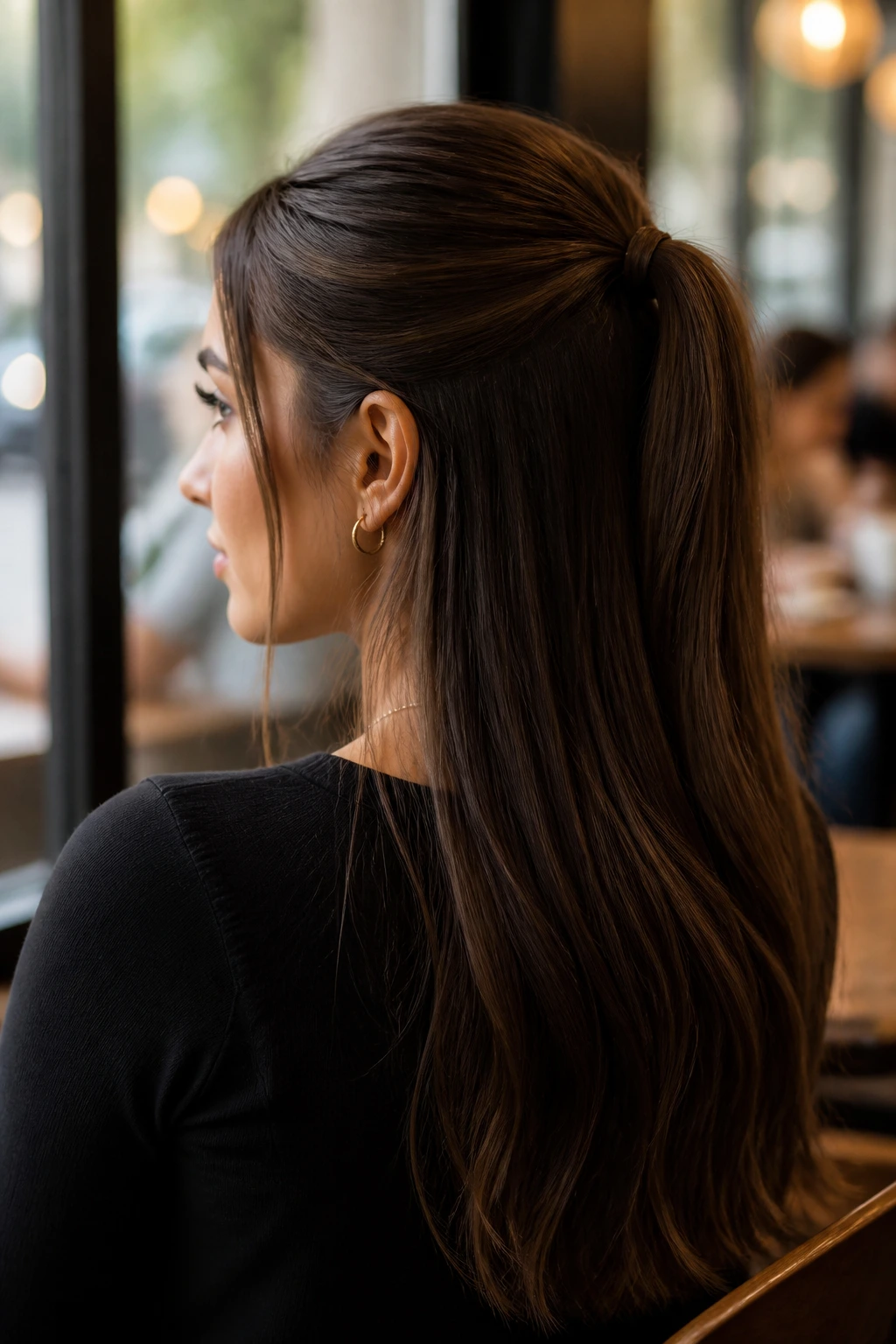 Close-up of half-up ponytail on a real woman showing smooth top and loose bottom hair