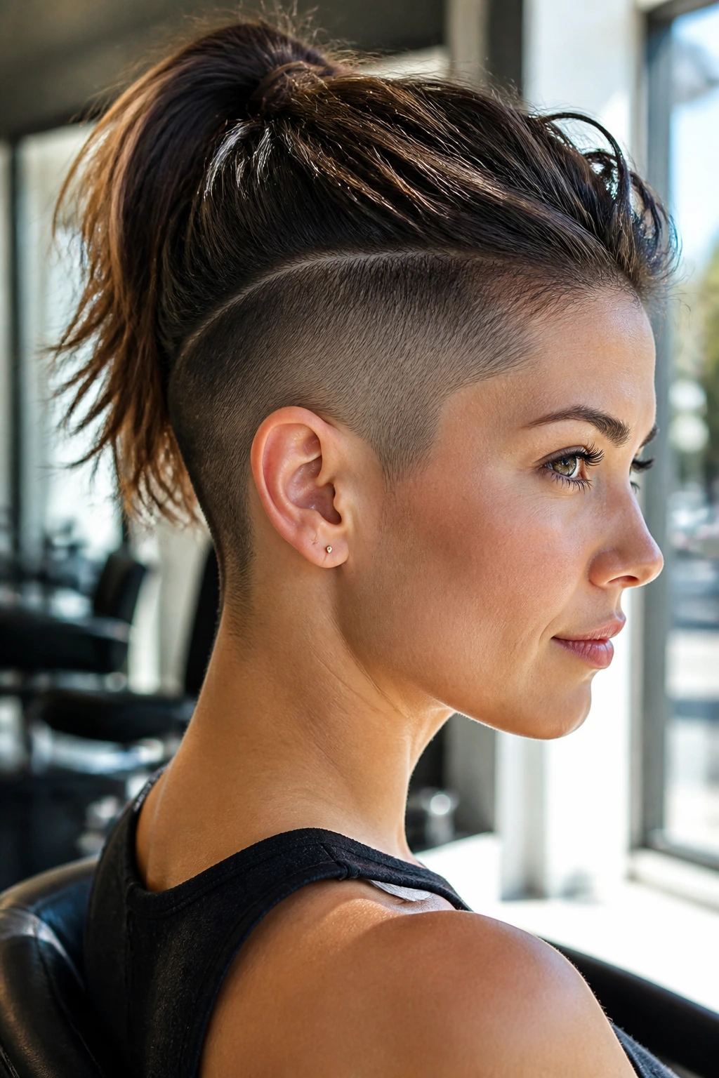 Close-up of a real woman with half-up ponytail and shaved undercut