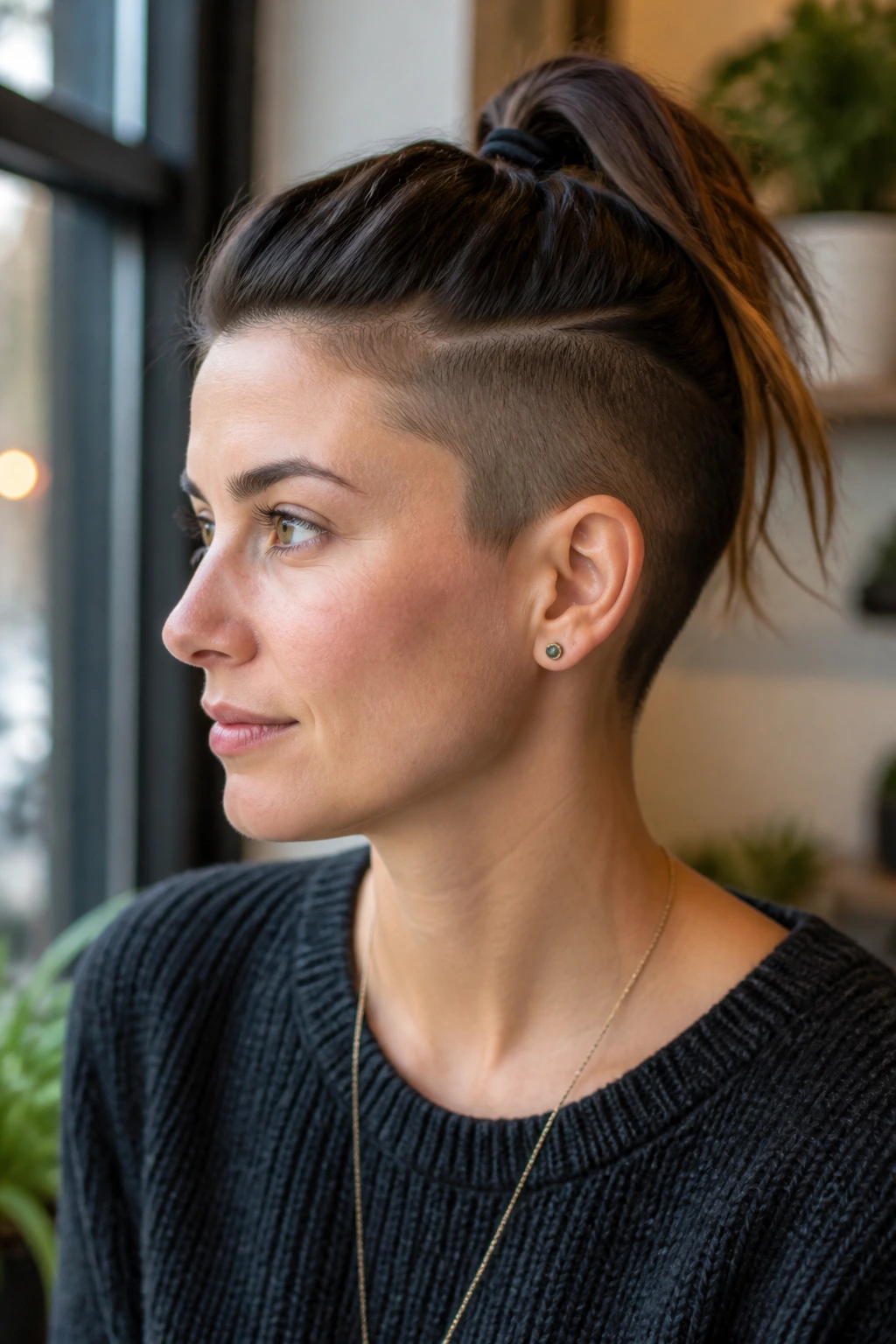 Person with half-up ponytail showing hidden undercut beneath top layer
