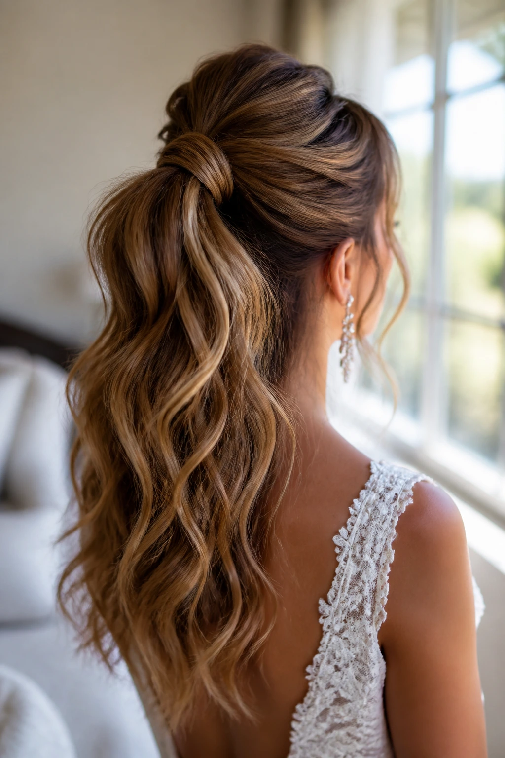 Rear three-quarter view of a bride with high half-up ponytail and voluminous waves