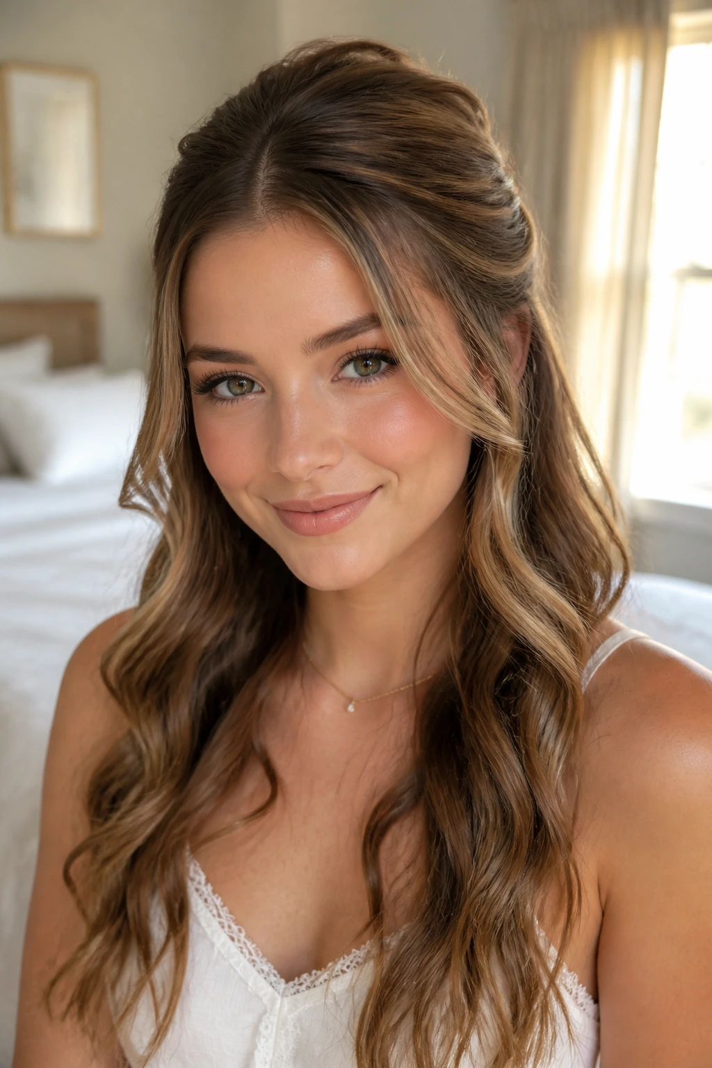 Close-up portrait of a real woman with a soft half-up hairstyle and loose waves