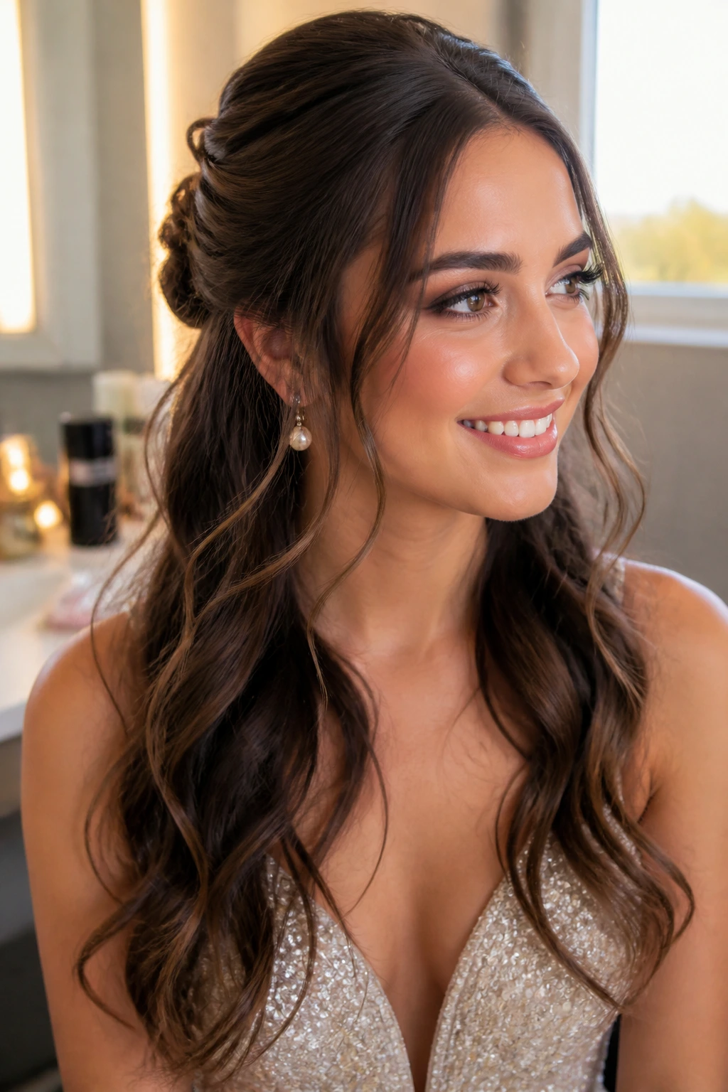 Close-up of a real woman with a polished half-up hairstyle suitable for prom night.