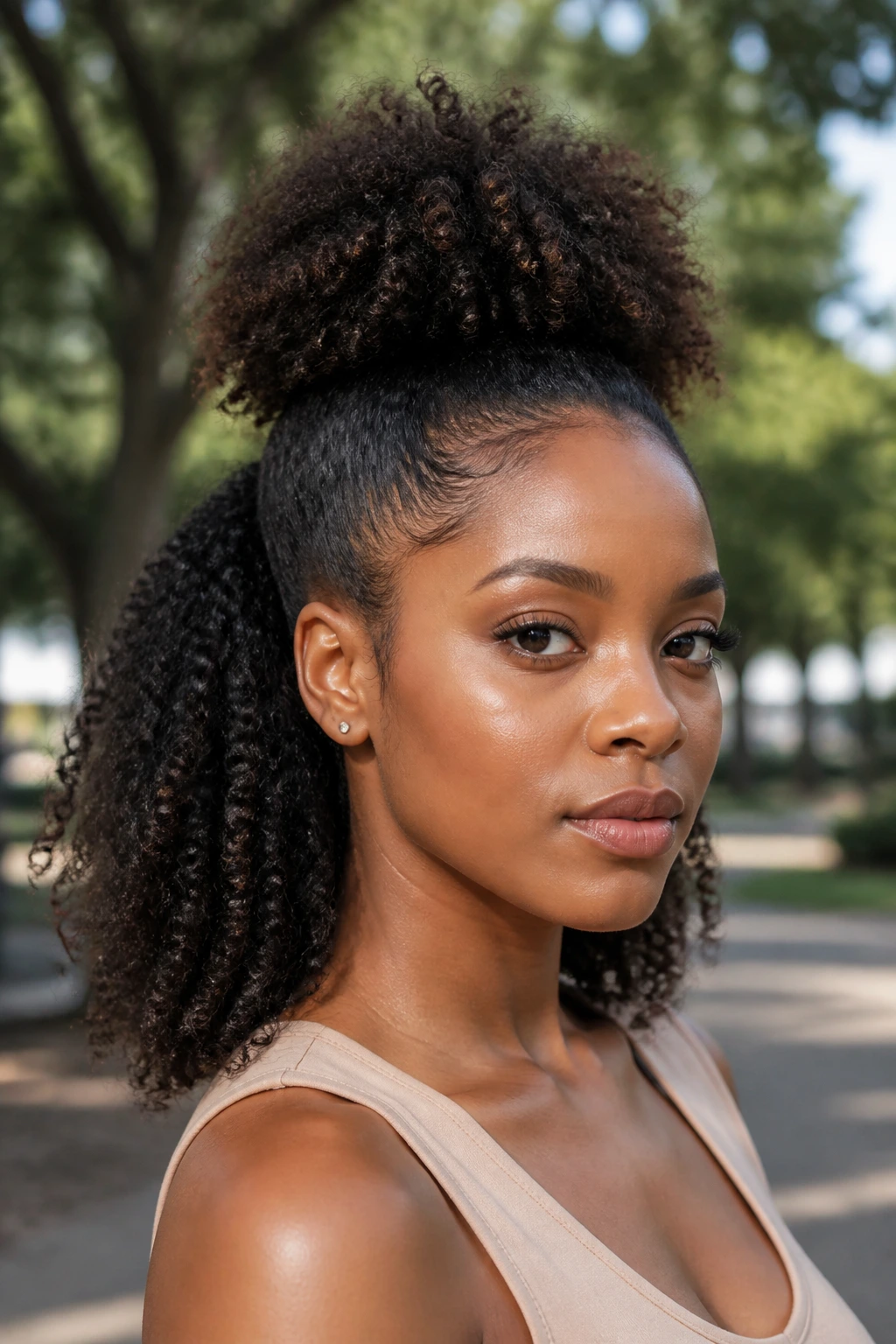 Real person showing half-up puff with loose back hair outdoors