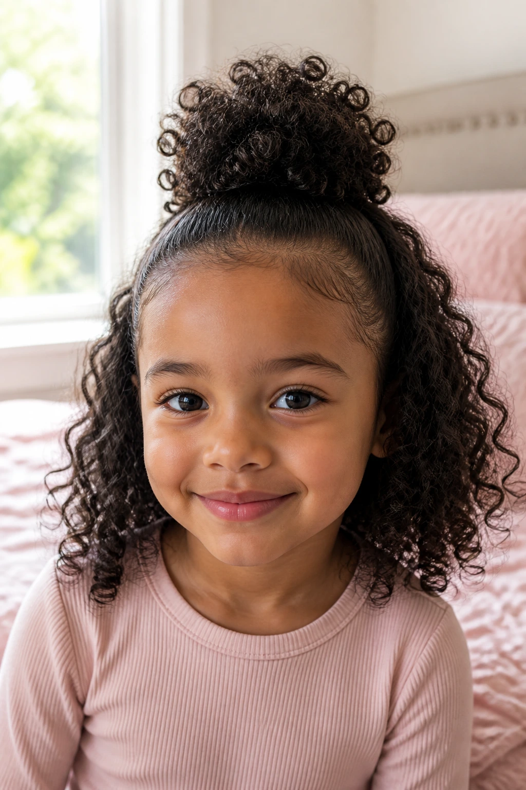 Close-up of a real girl's half-up puff with loose curls