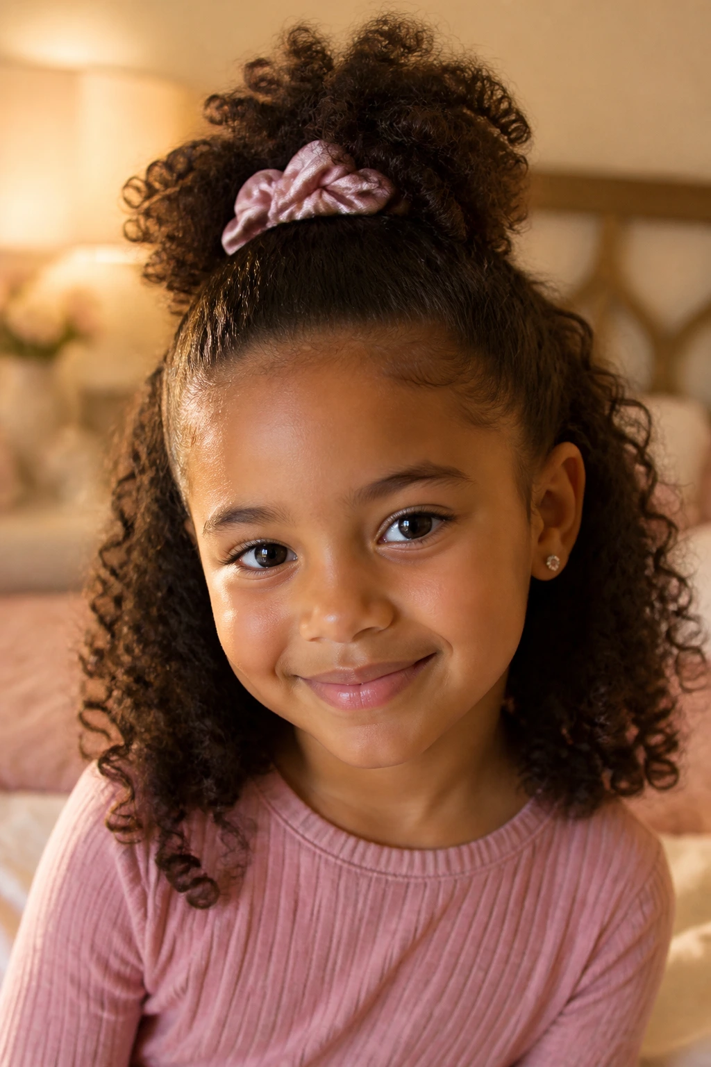 Front-facing girl with a half-up puff and defined ends