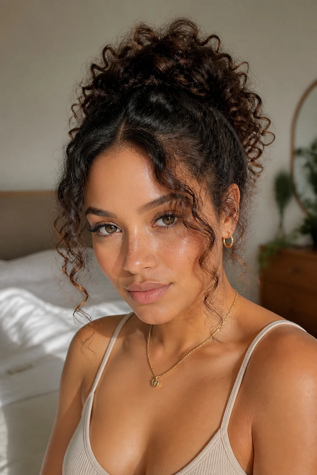 Real woman with half-up puff and soft face-framing strands