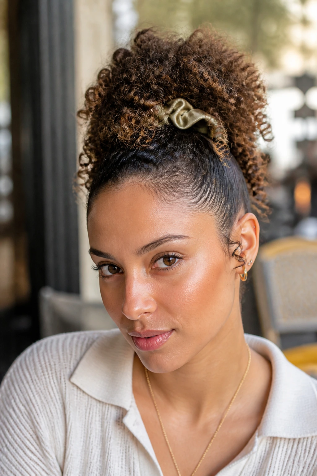 Close-up of a real person with a half-up puff hawk featuring crown volume and smooth sides