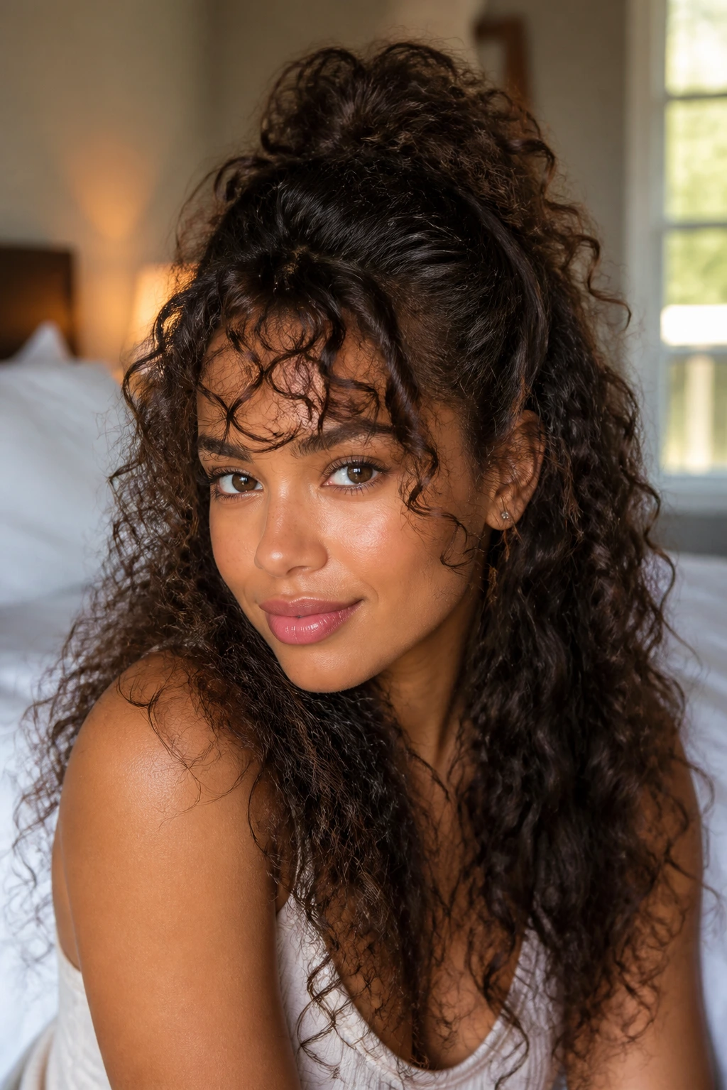 Close-up of a real woman with half-up puff and loose fringe in warm bedroom light