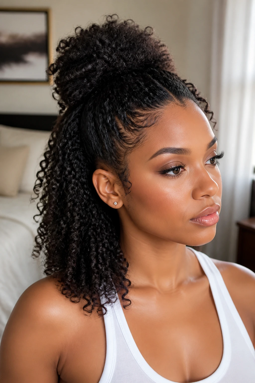 Close-up portrait of a real woman with half-up puff and loose back curls