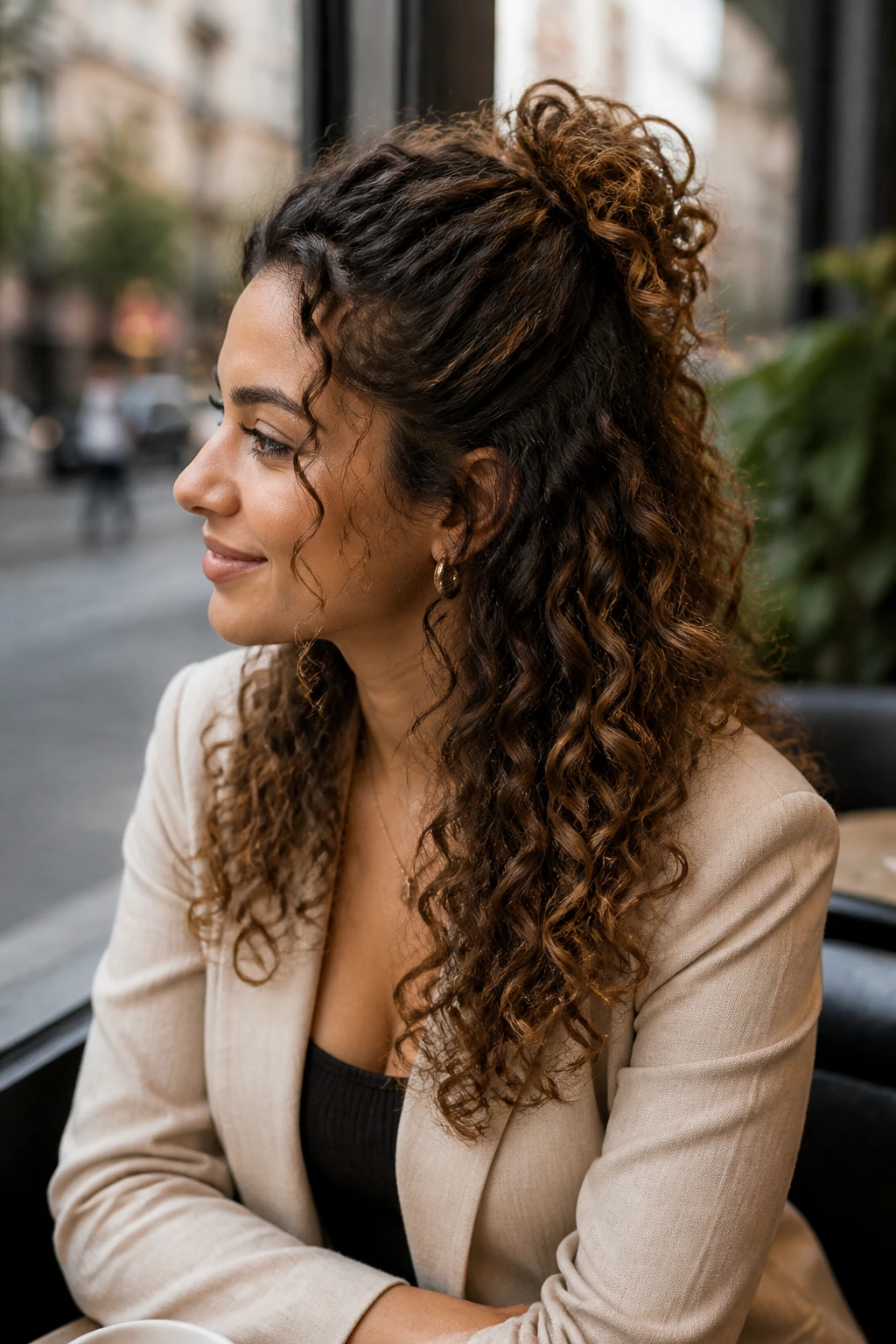 Real-life portrait of a woman wearing a half-up curly hairstyle outdoors