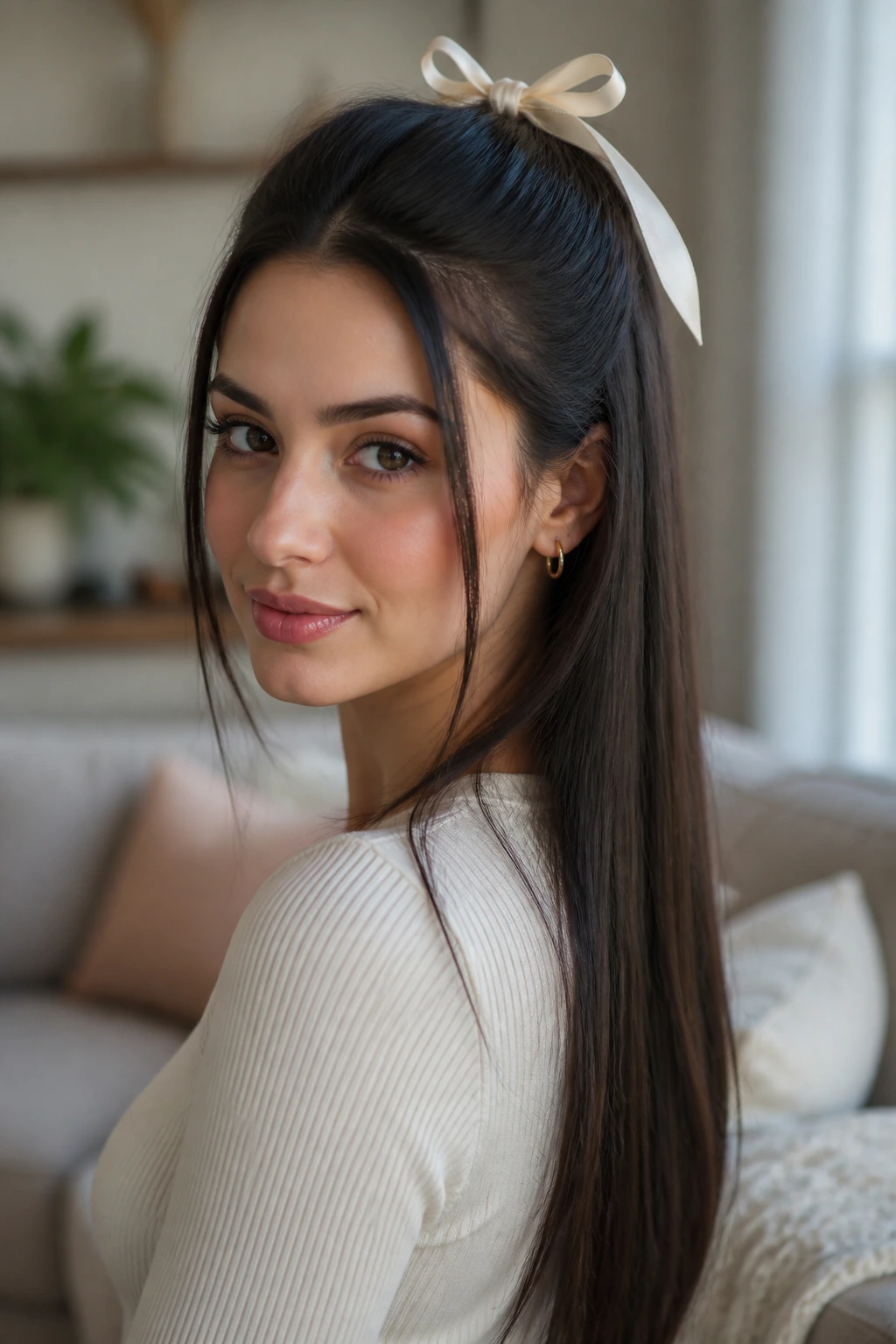 Portrait of a woman wearing a half-up hairstyle with a ribbon.