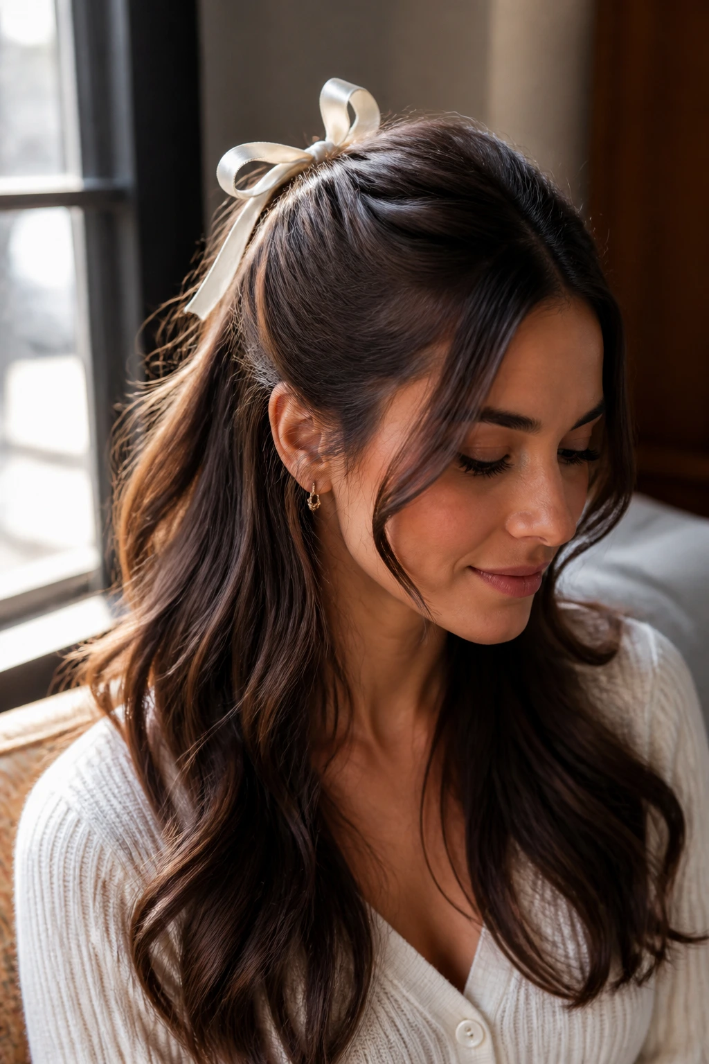Close-up of a woman with a half-up hairstyle secured by a ribbon