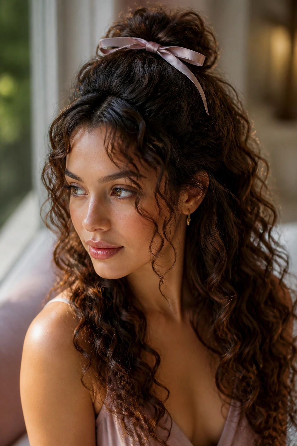 Real woman wearing a romantic half-up hairstyle tied with a satin ribbon.