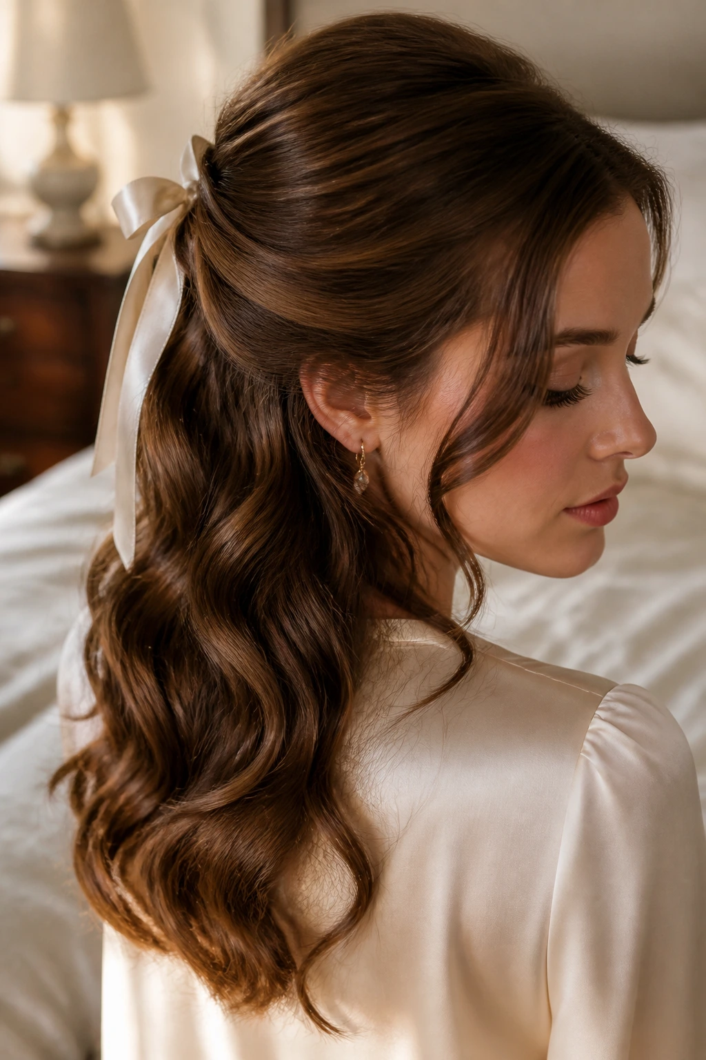 Real woman with half-up ribbon waves and neat crown in soft morning light.