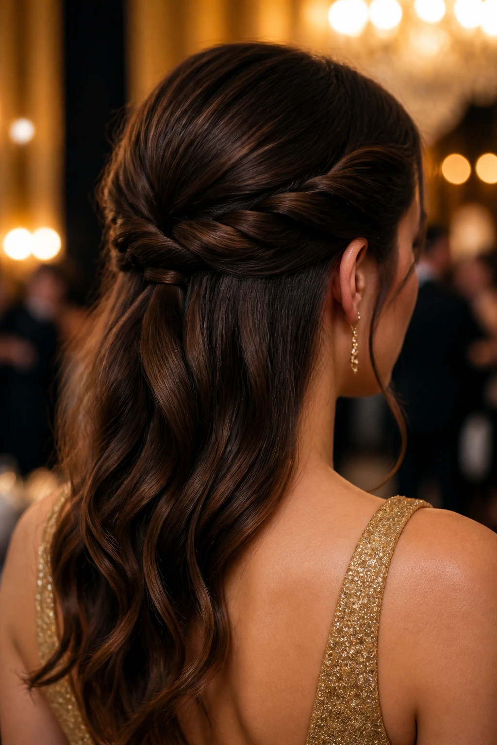 Close-up of a real woman with a half-up rope twist hairstyle suitable for formal events.