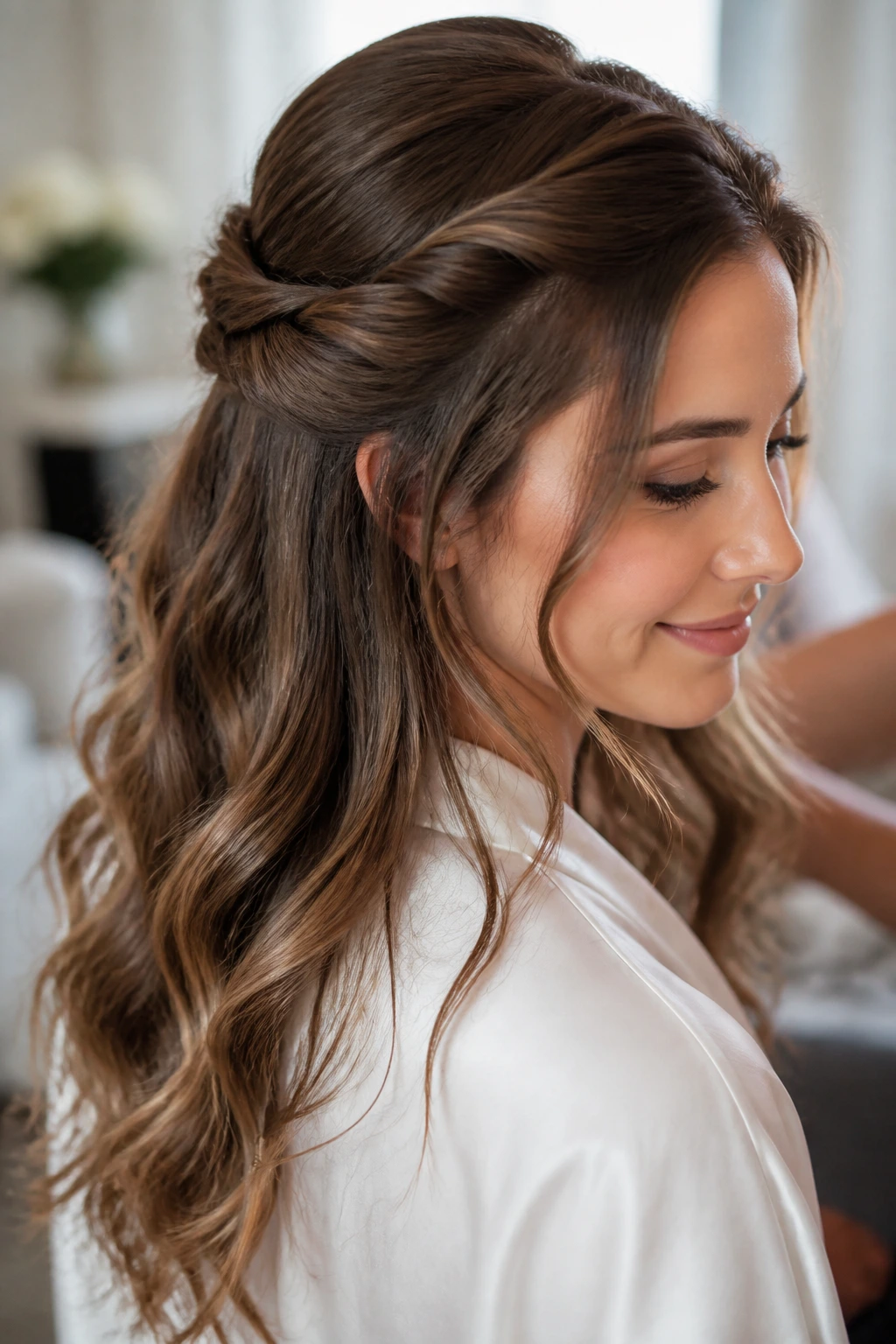 Portrait of a real woman with half-up rope twist and loose waves