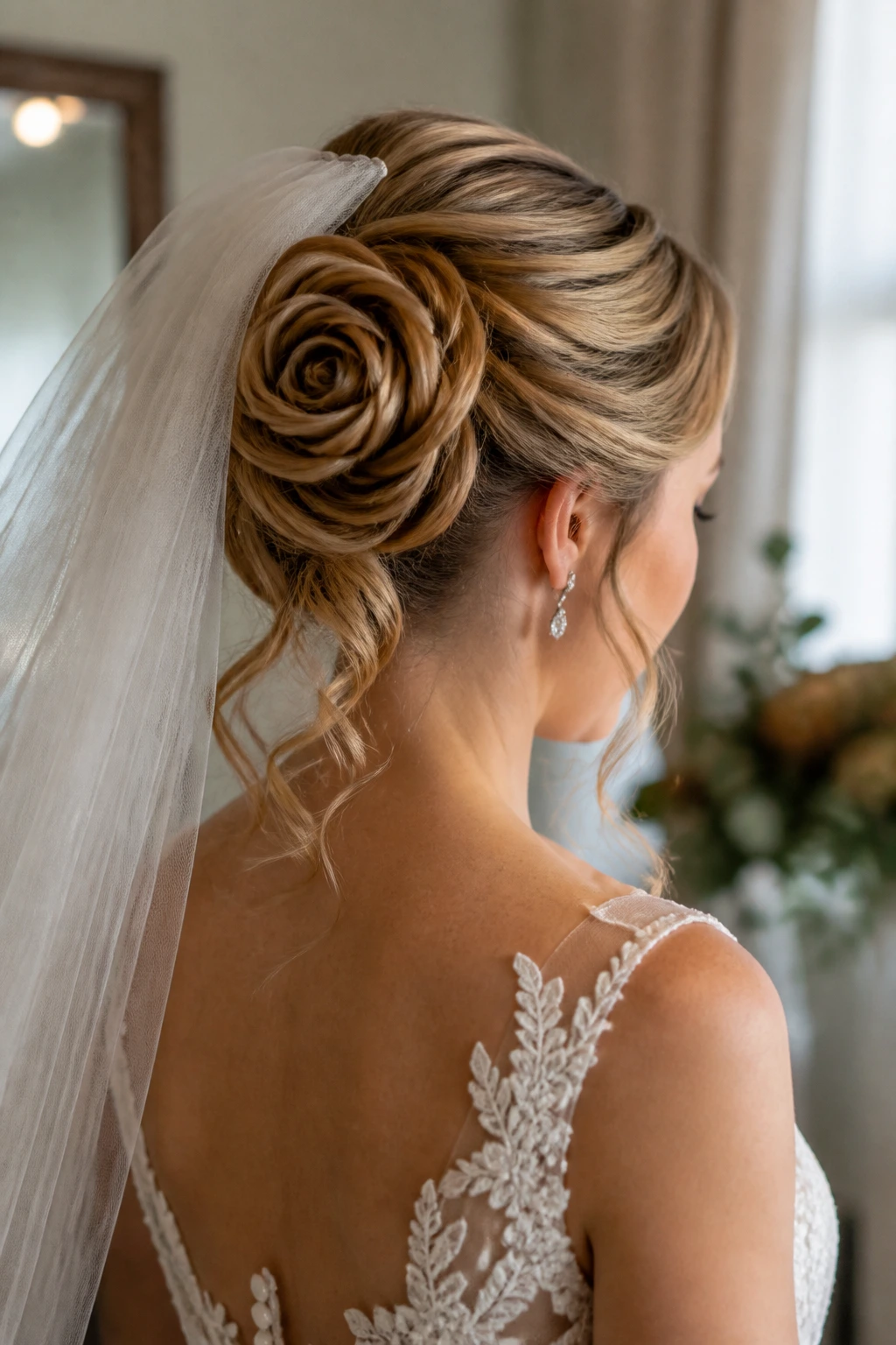 Back view close-up of real bride wearing a rose-like half-up twist with veil in a warm bridal suite
