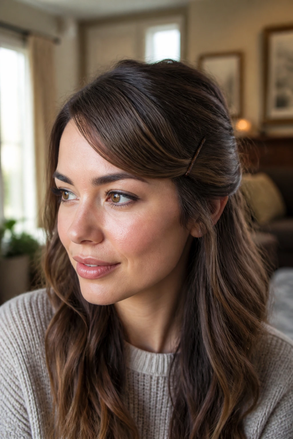 Half-up style with side bangs pinned discreetly in a cozy room
