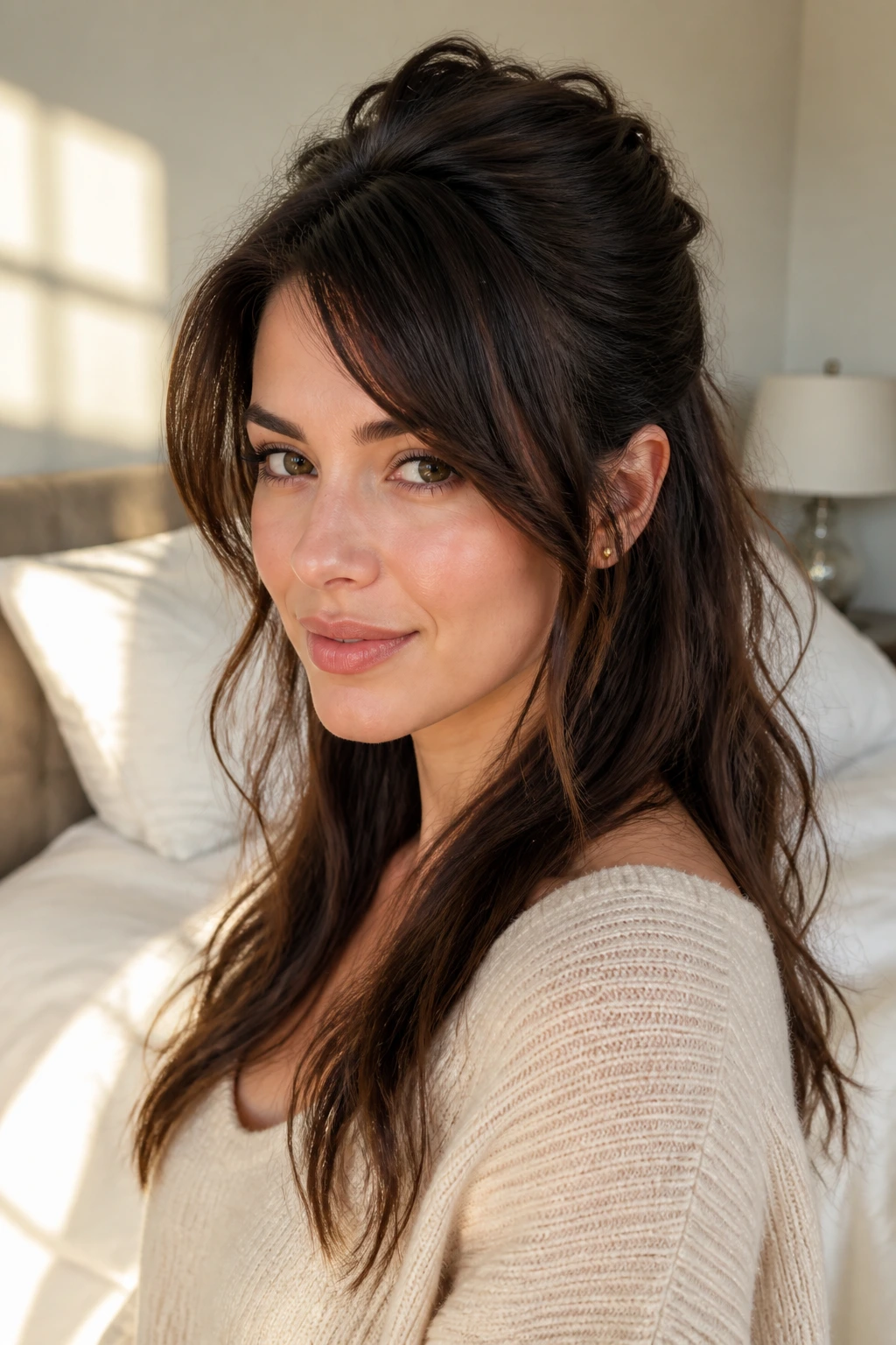 Portrait of a person with side bangs in a half-up hairstyle