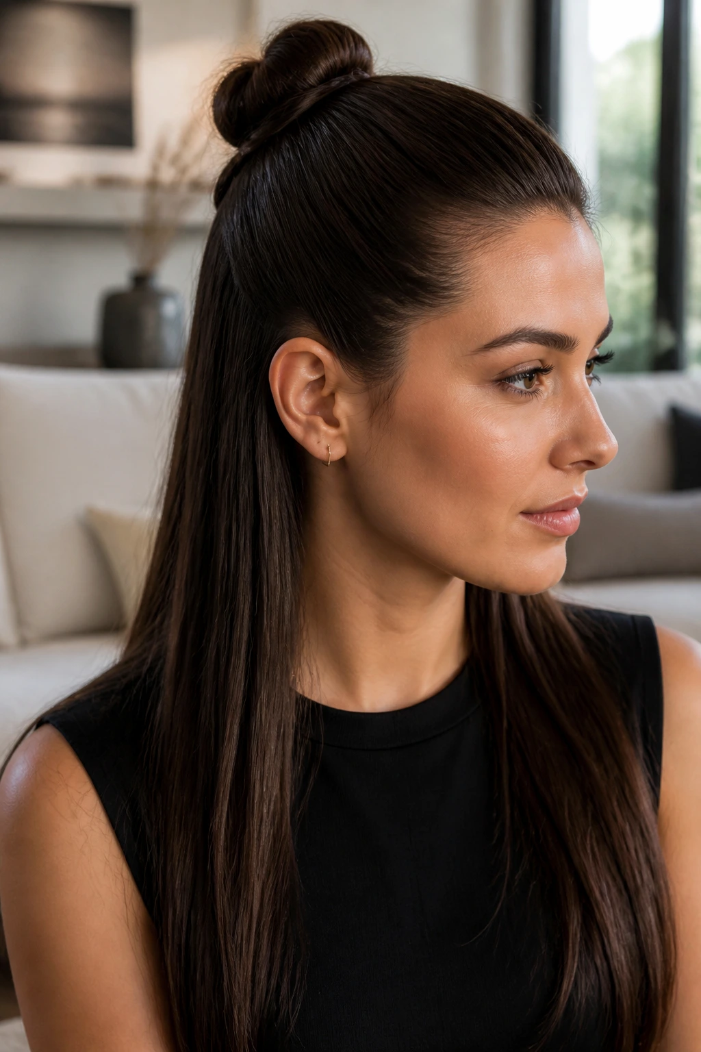 Woman with half-up sleek knot hairstyle, portrait shot focusing on the knot and sleek hair.