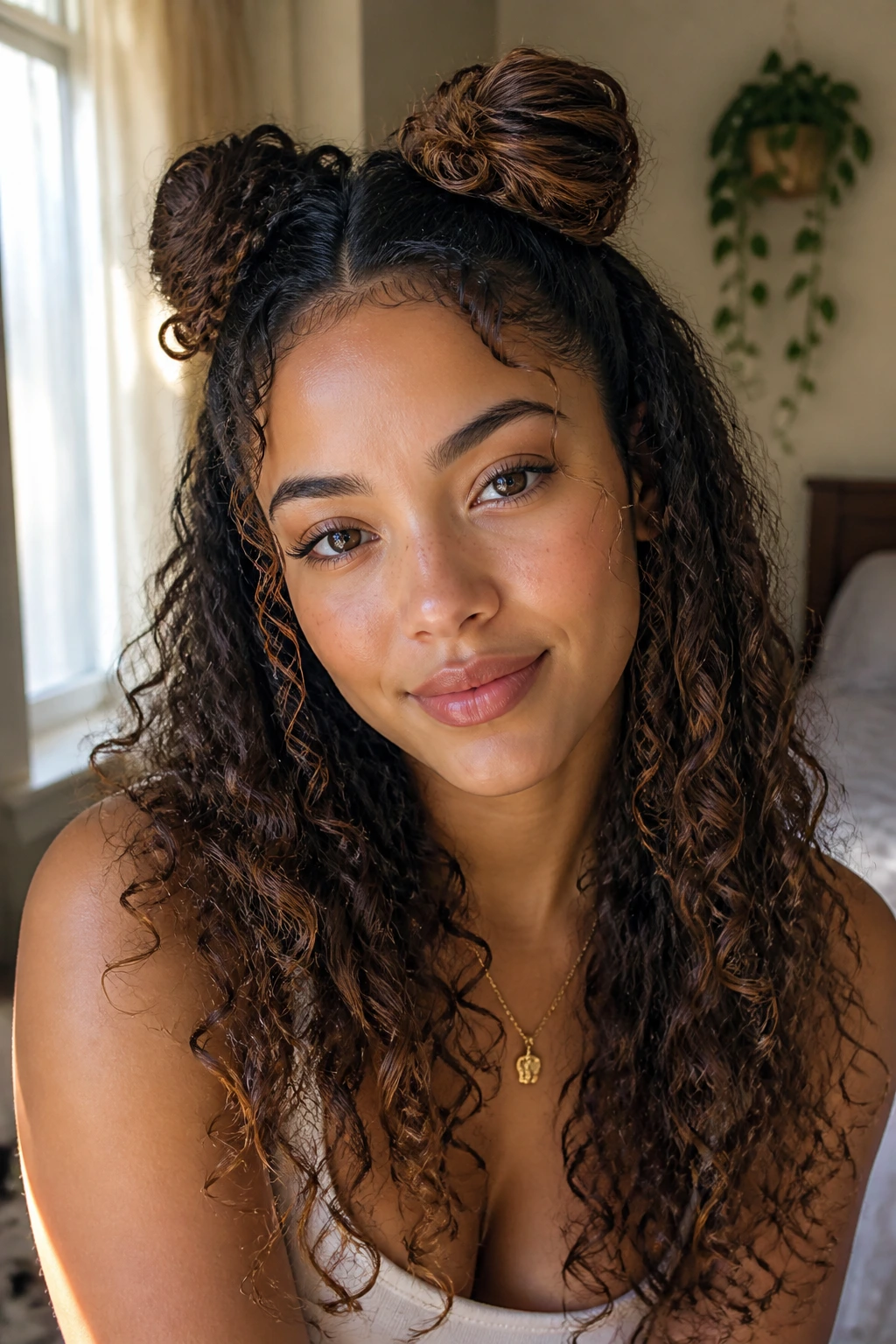 Close-up of a real woman wearing half-up space buns with loose curls left out, in soft natural light.