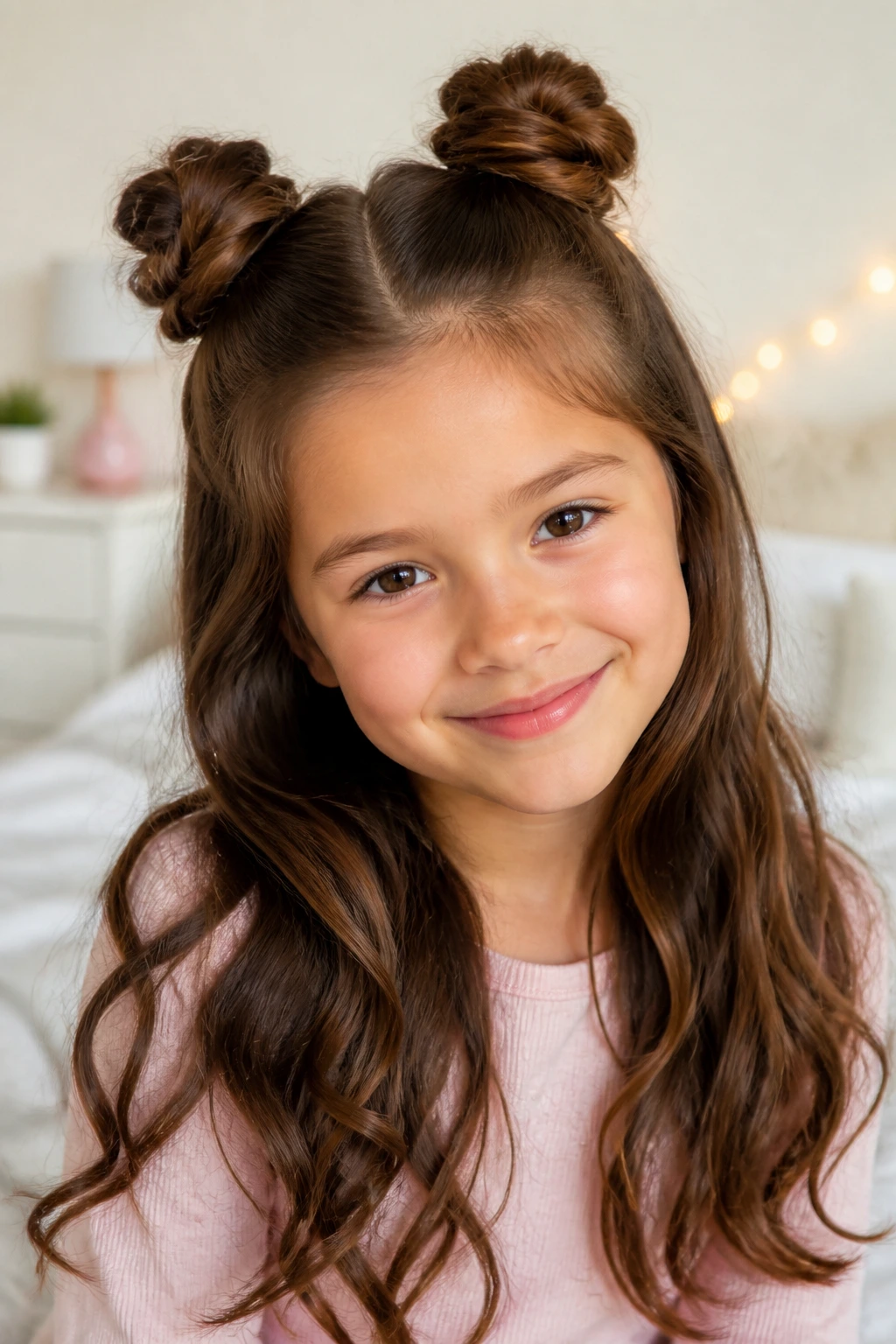 Girl with half-up space buns hairstyle, portrait in bright room