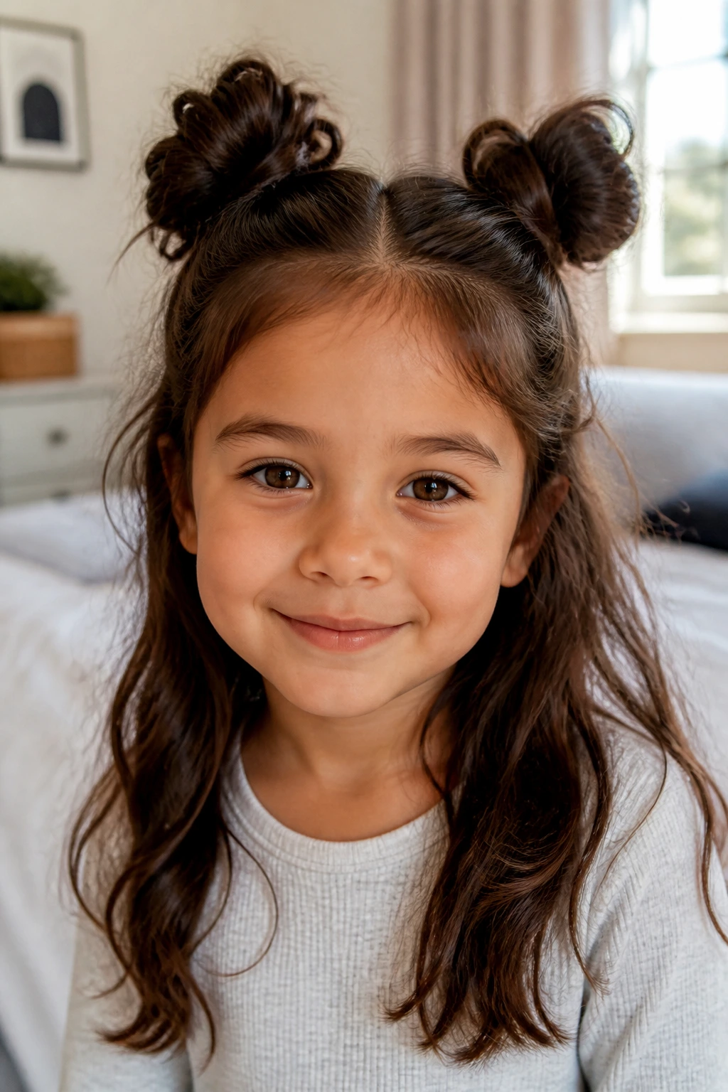 Close-up of a child with half-up space buns on brunette hair