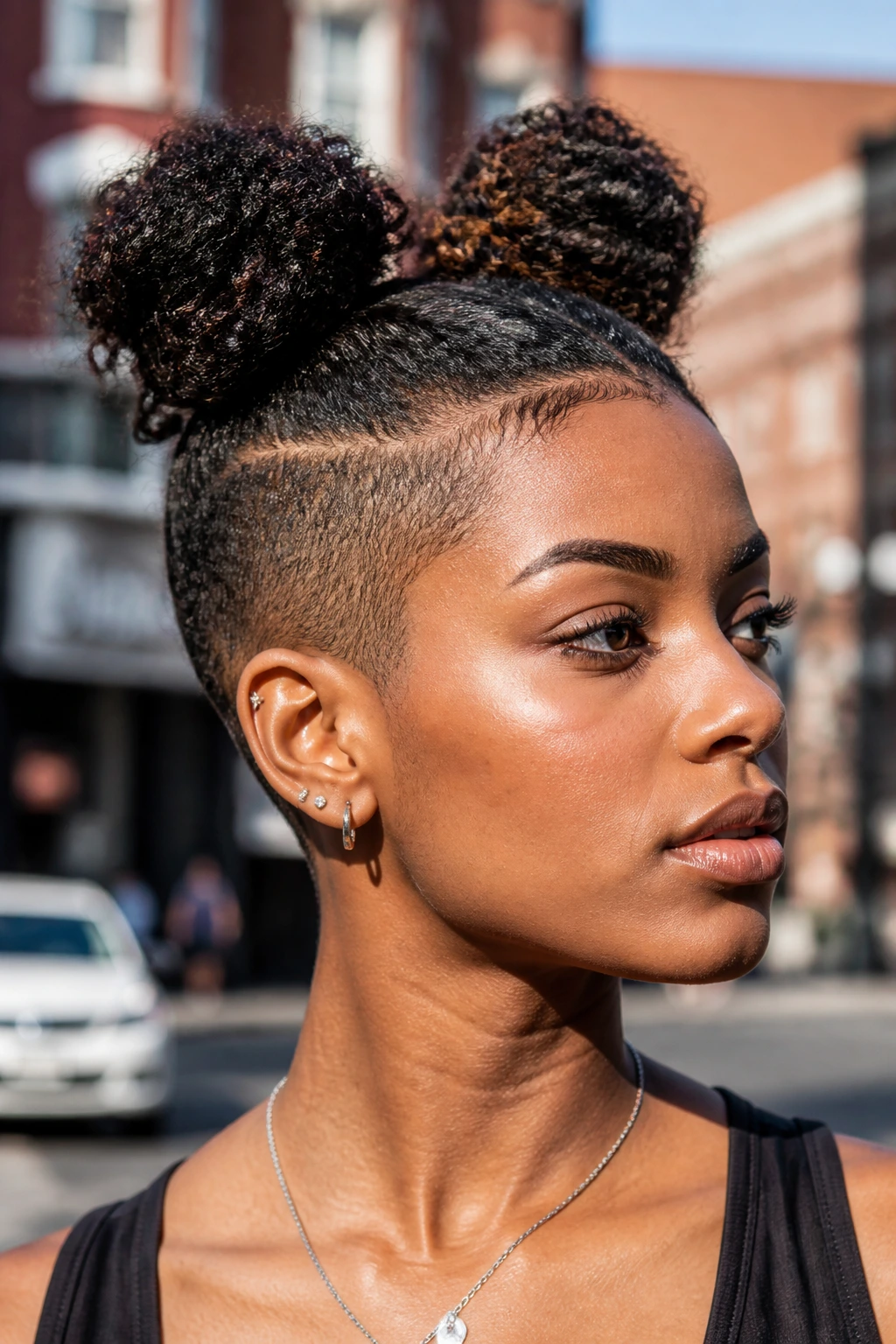 Real person with half-up space buns and shaved side on an urban street