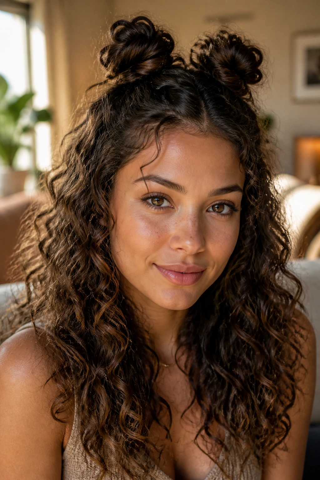 Close-up of a real woman with two top knots and loose curls
