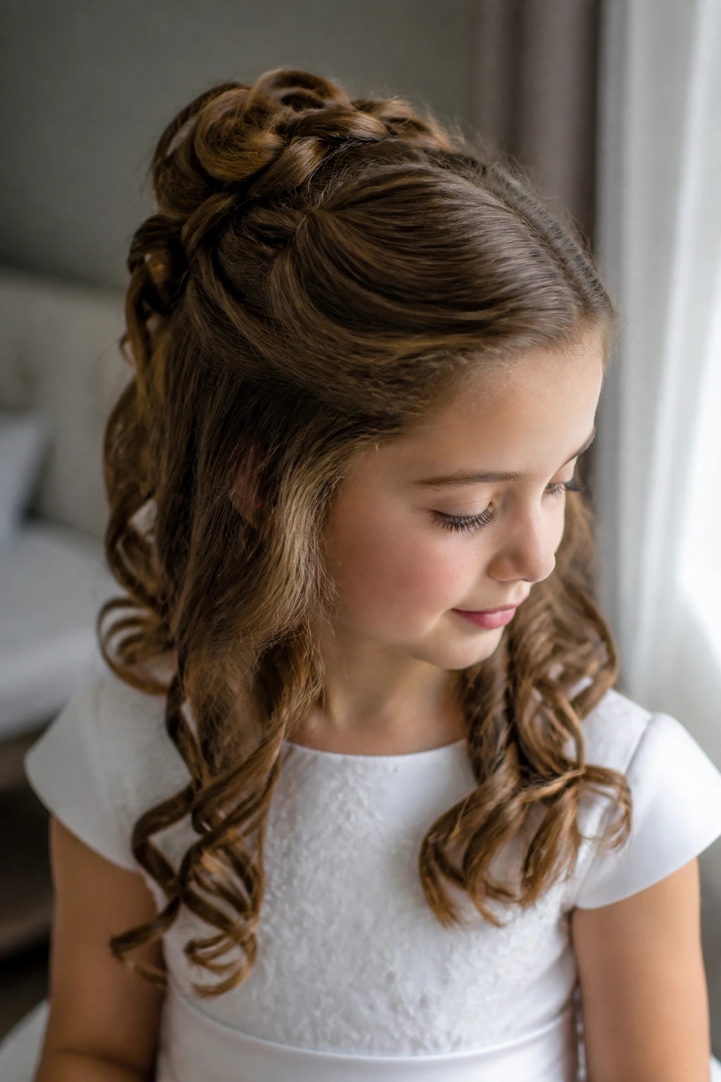 Close-up of a child with Half-Up with Soft Spiral Ringlets hairstyle.