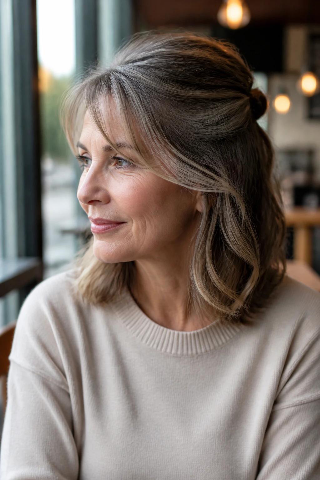 Real woman with shoulder-length hair in a half-up style, front view