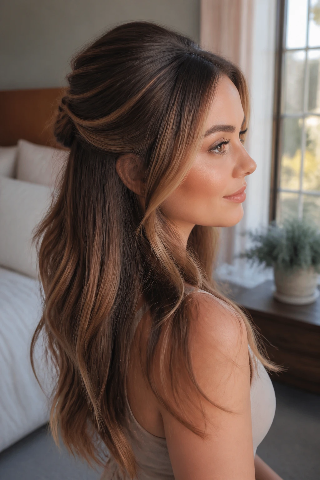 Close-up portrait of a woman with a half-up hairstyle in a cozy bedroom