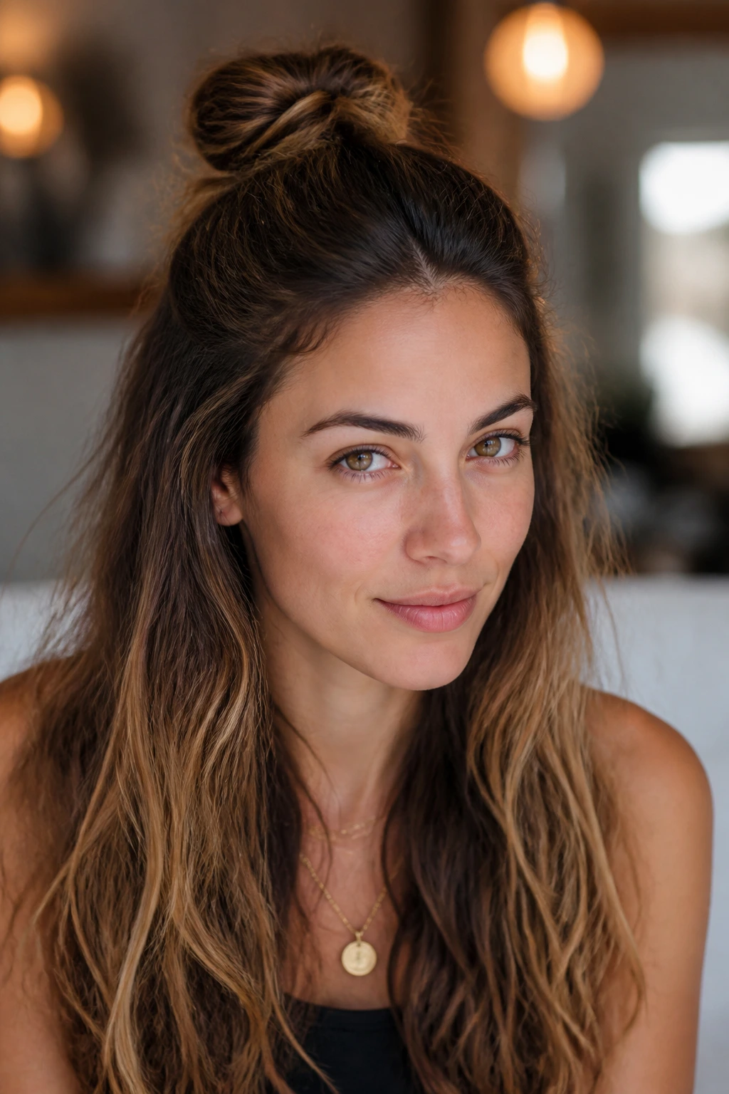 Real person with a half-up top knot