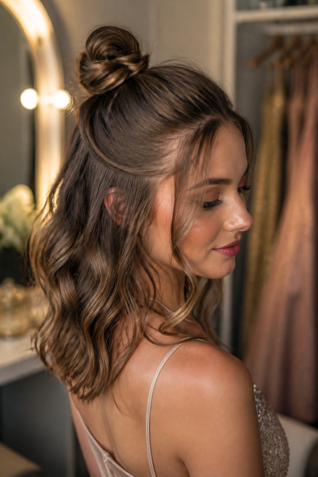 Close-up of a real woman with a half-up top knot and loose curled ends