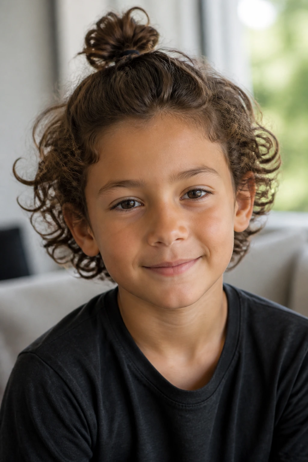 Portrait of a boy with a half-up curly top knot