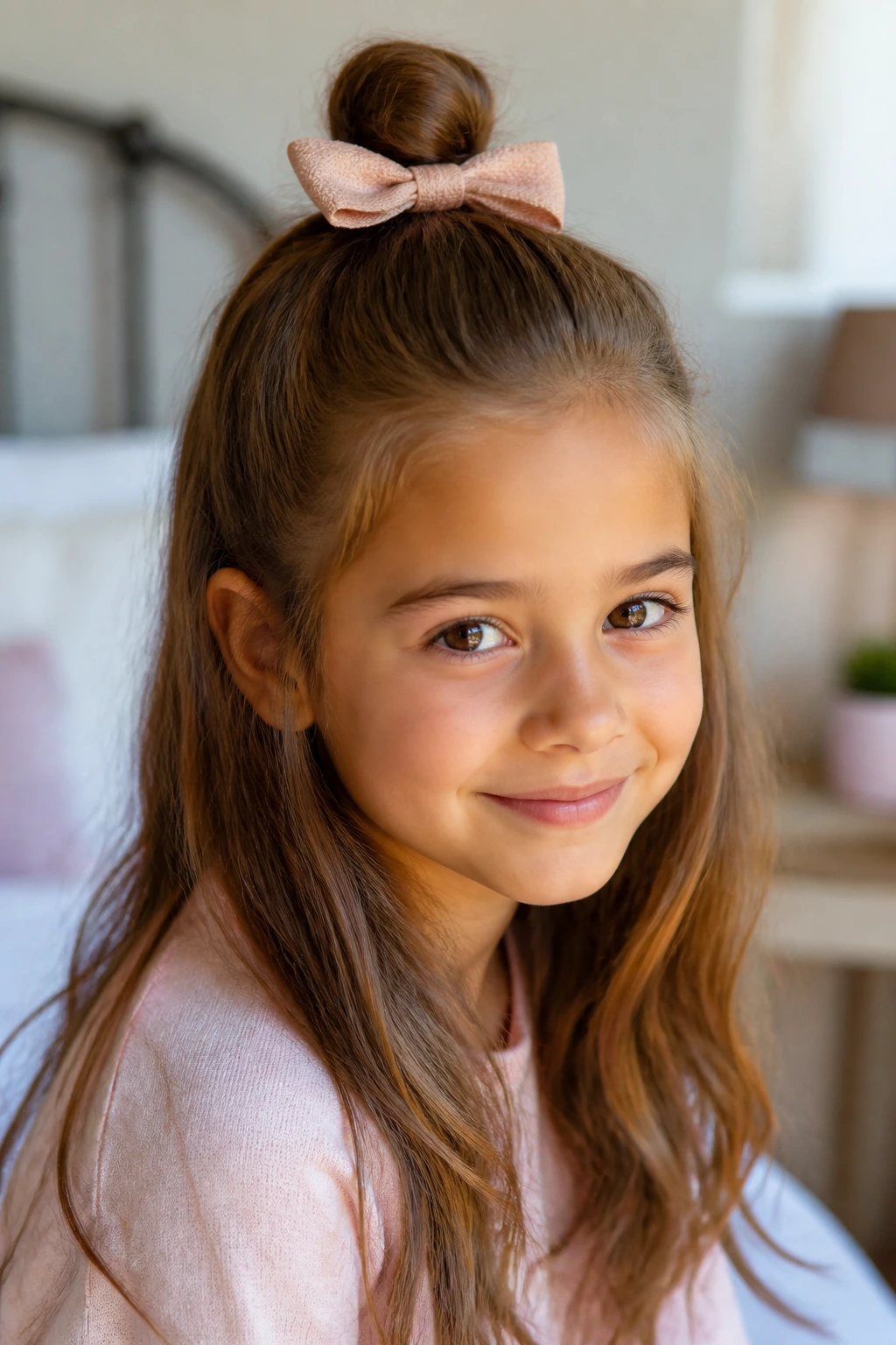 Close-up of a girl with a half-up top knot and loose lengths