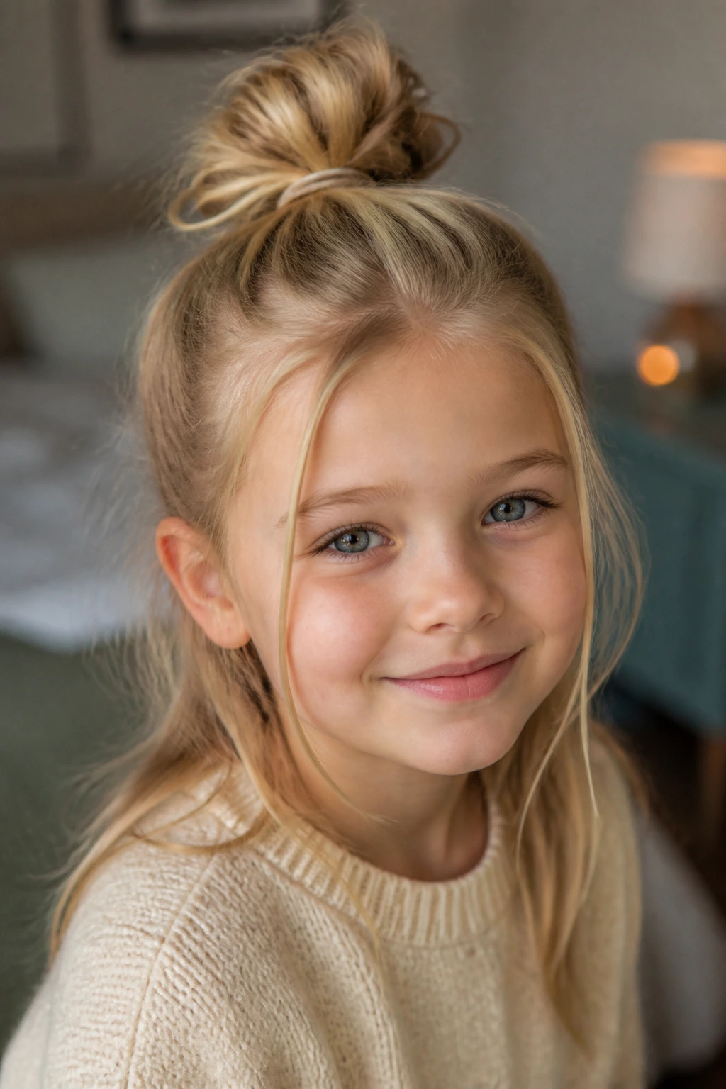 Blonde girl with half-up top knot and wispy front pieces