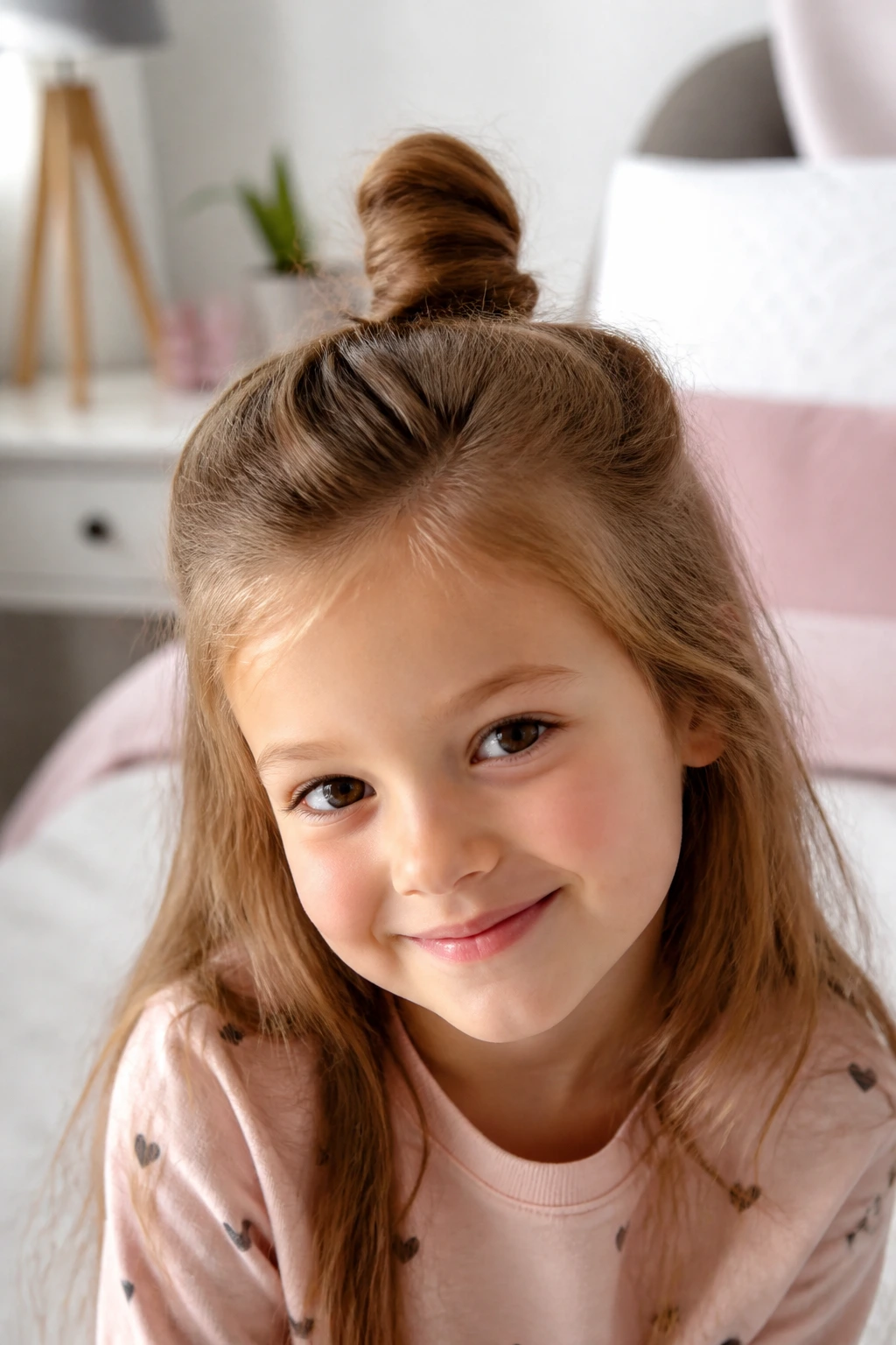 Close-up of a child with a half-up top knot