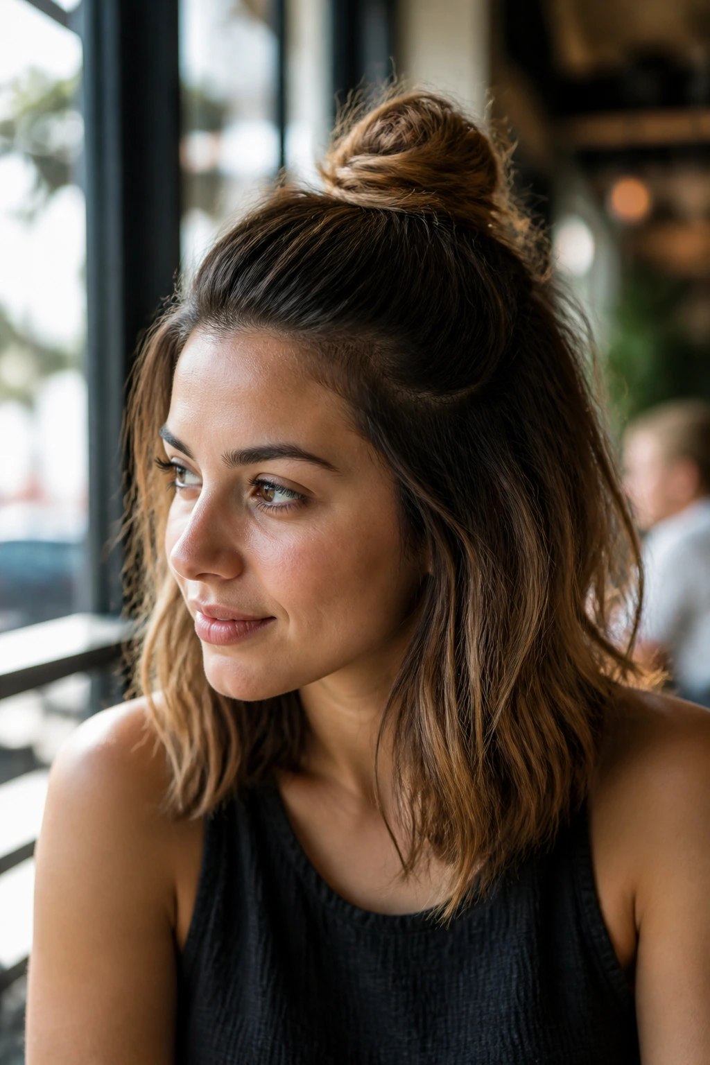 Close-up of a real woman with a small half-up top knot and loose hair