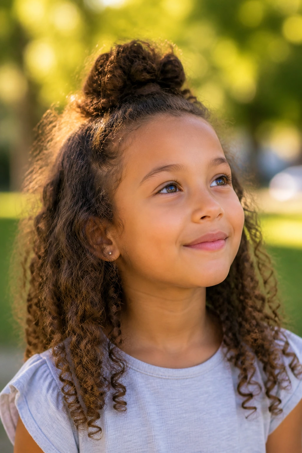 Close-up of a child with a half-up top knot and loose curls.