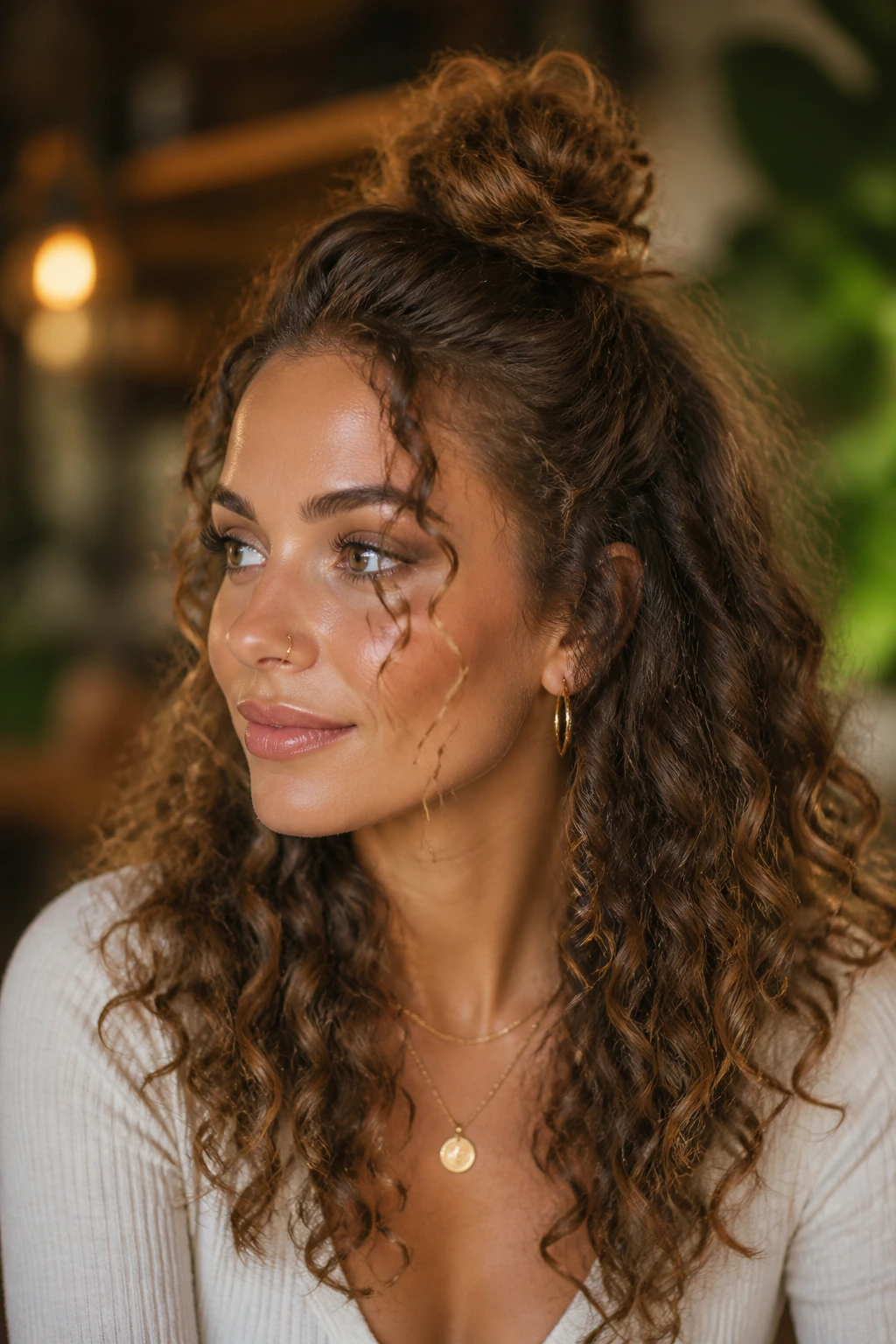 Close-up of a real woman with a half-up top knot hairstyle