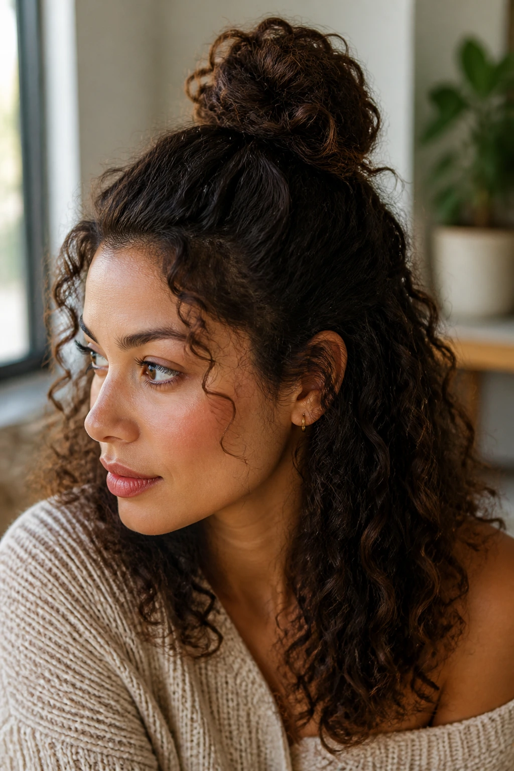 Close-up of a real person with a half-up top knot against a soft indoor background