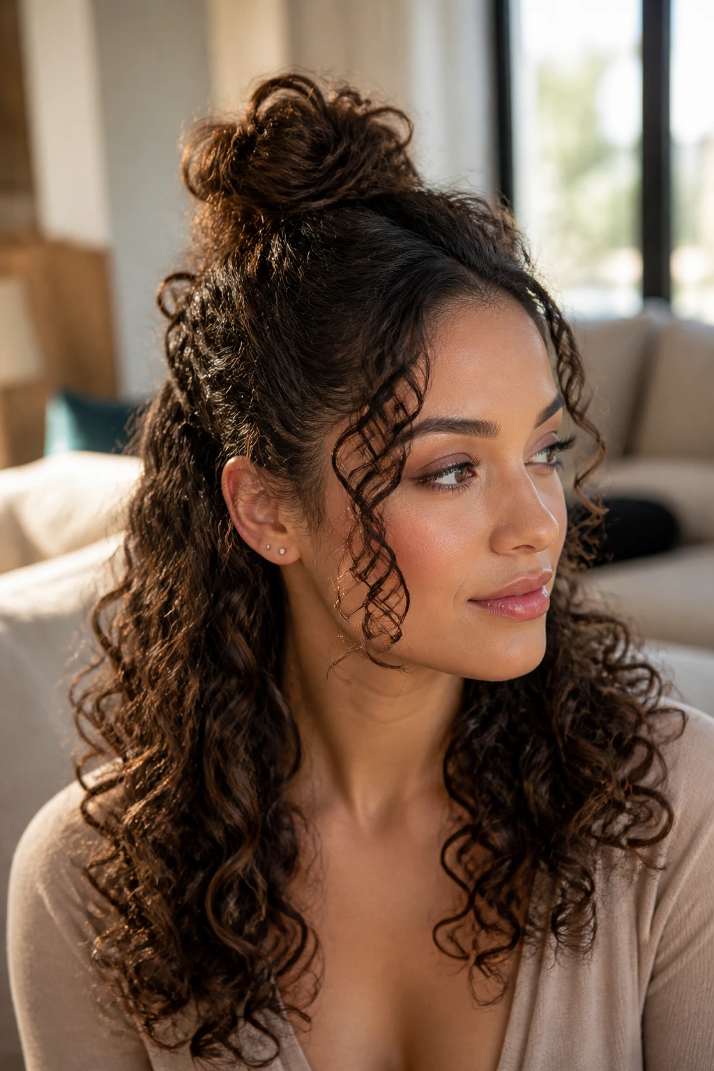 Portrait of a real woman with a half-up top knot and cascading curls