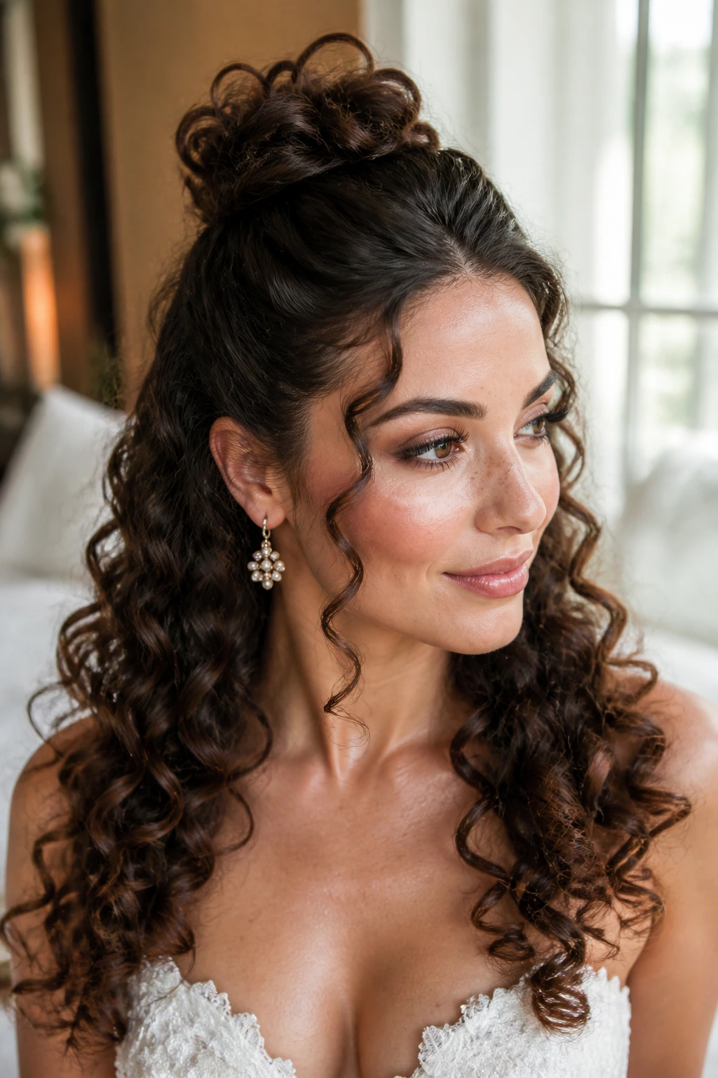 Close-up of real bride with compact crown top knot and loose spiral curls